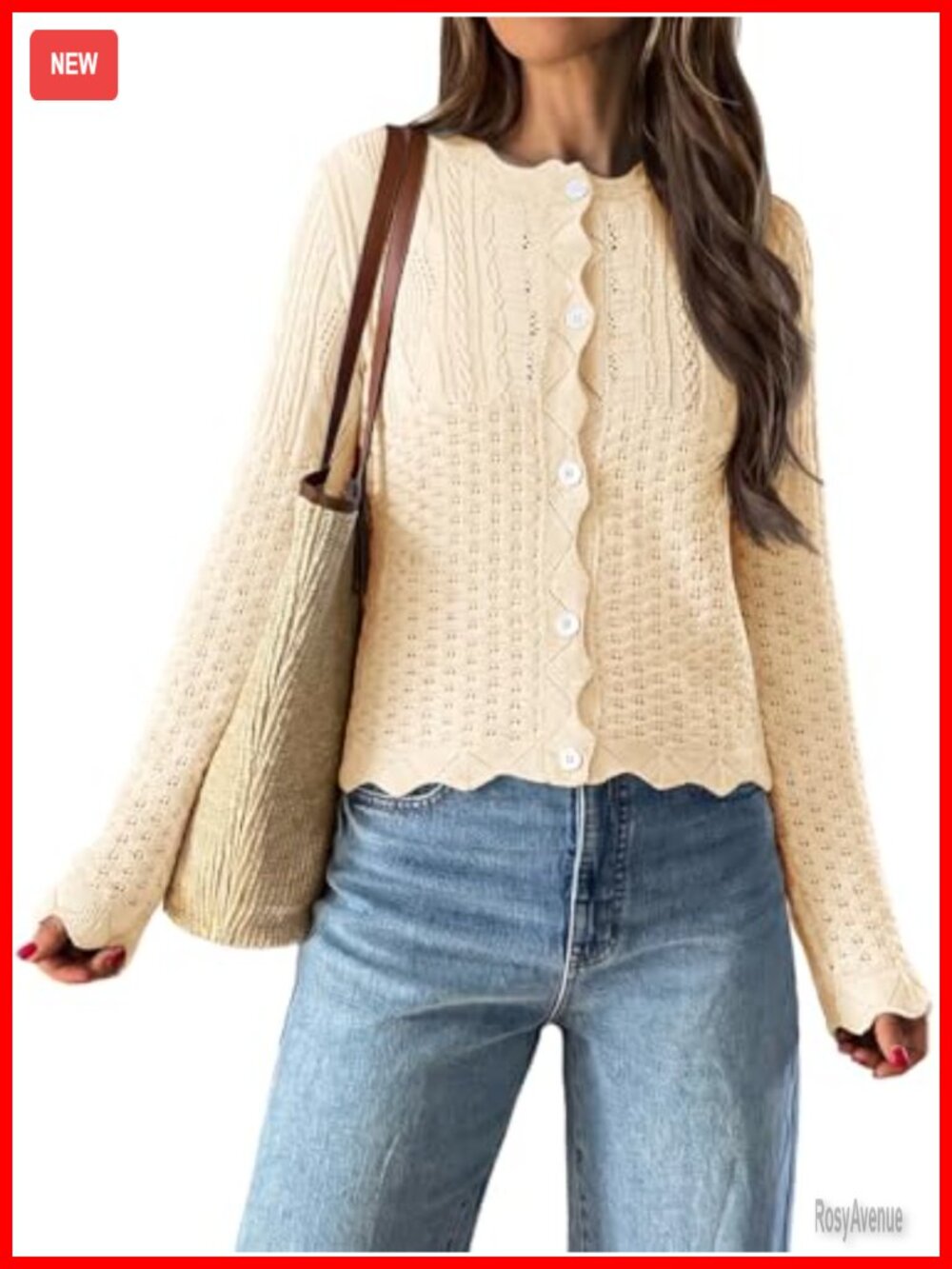 Womens Crochet Cardigan 100% Cotton Lightweight Knit Button Up Crewneck